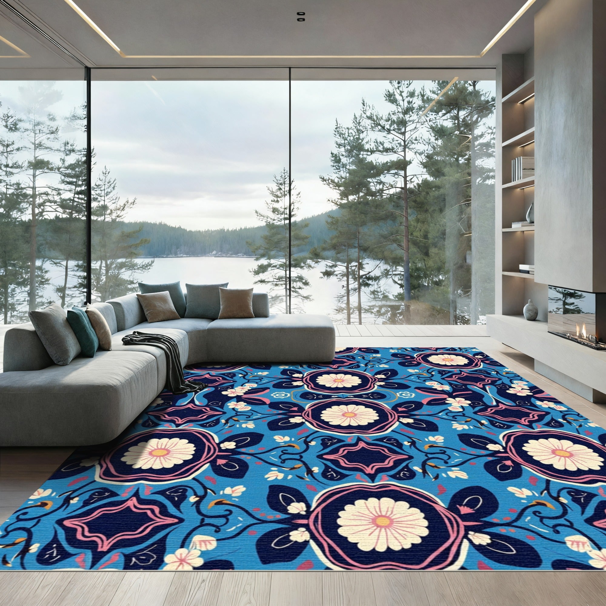 Blue Floral Medallion Garden Rug