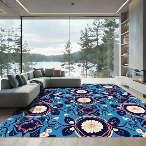 Blue Floral Medallion Garden Rug