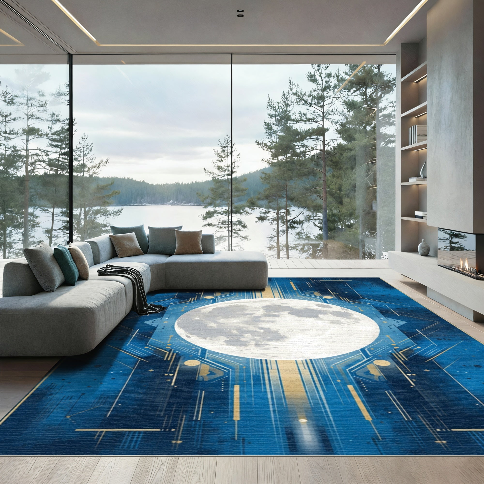 Cosmic Moon Blue Geometric Lines Rug