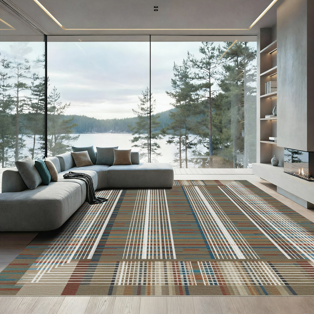 Earthy Toned Plaid Grid Overlay Rug