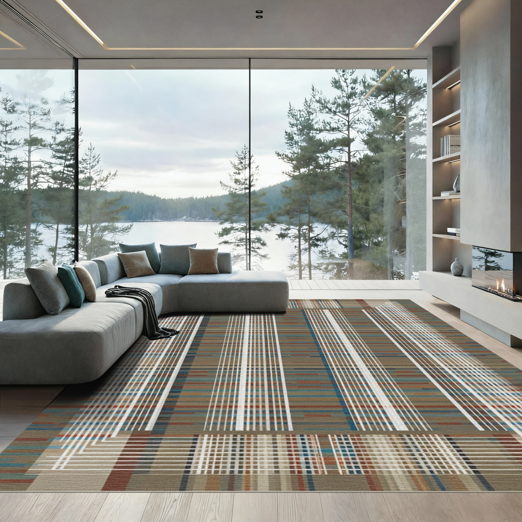 Earthy Toned Plaid Grid Overlay Rug