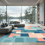 Geometric Coral Blue Cream Blocks Rug