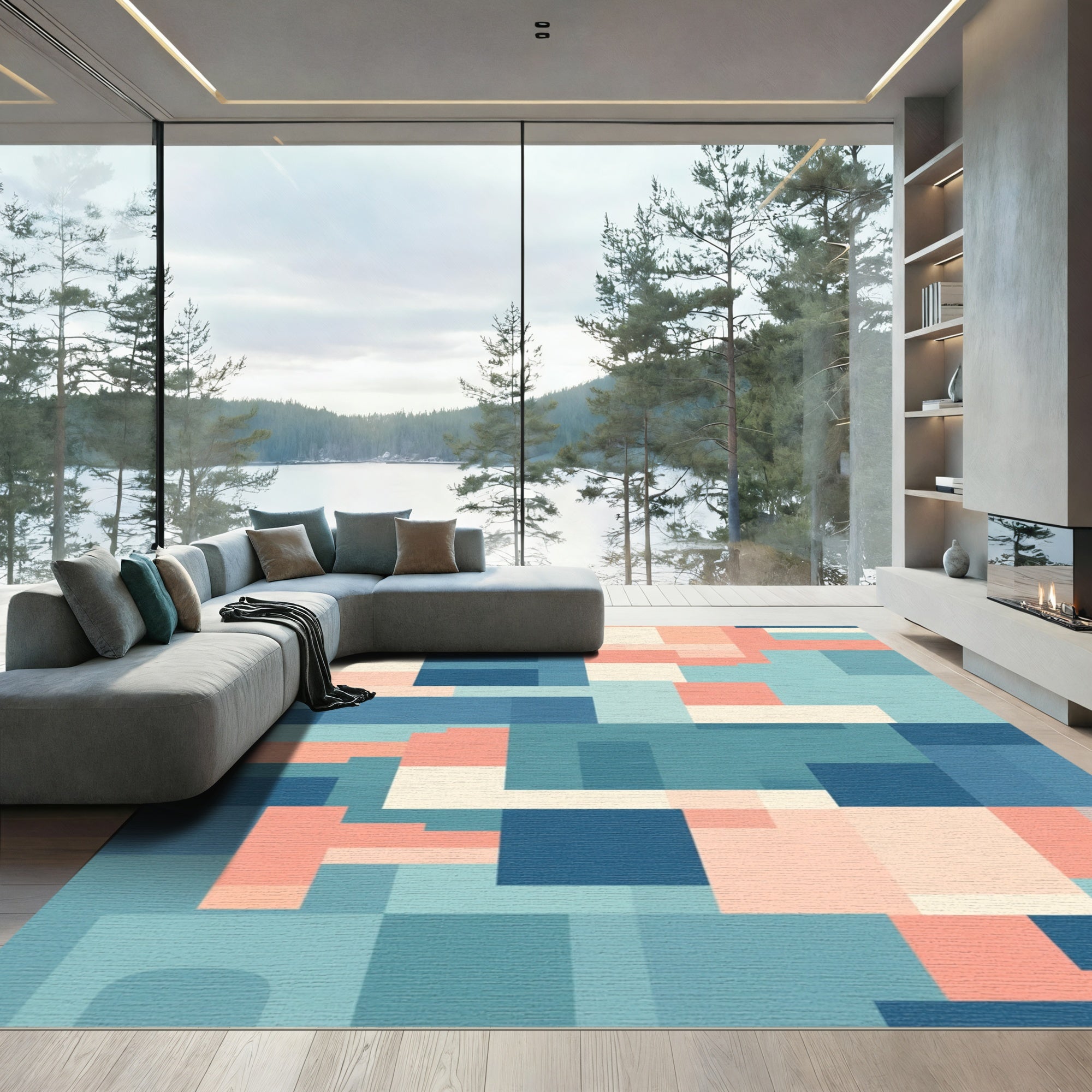 Geometric Coral Blue Cream Blocks Rug