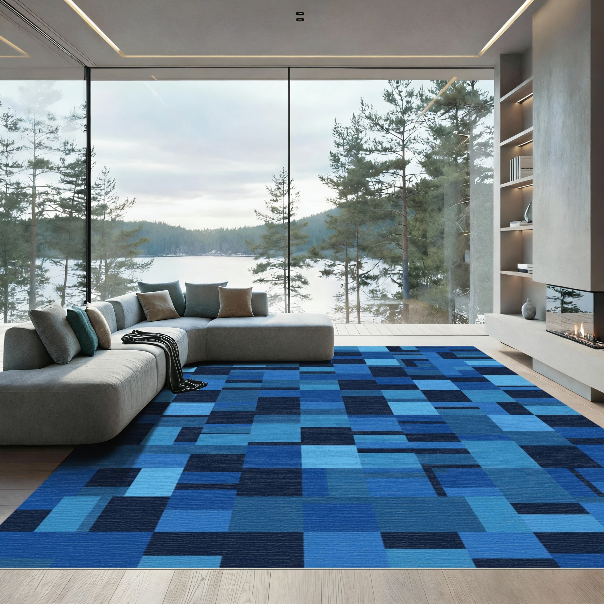 Deep Blue Block Abstract Rug