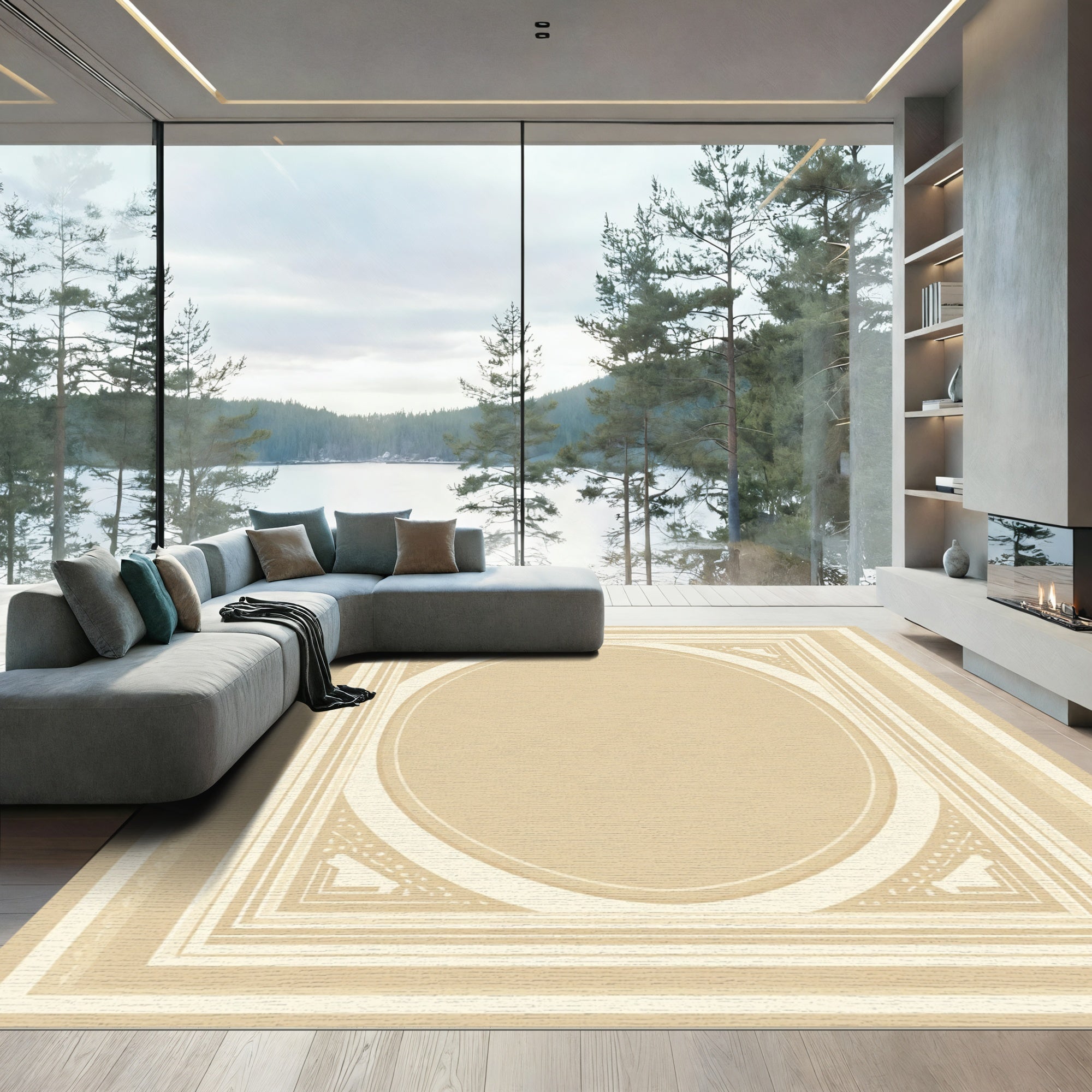 Vintage Neutral Oval Border Frame Rug