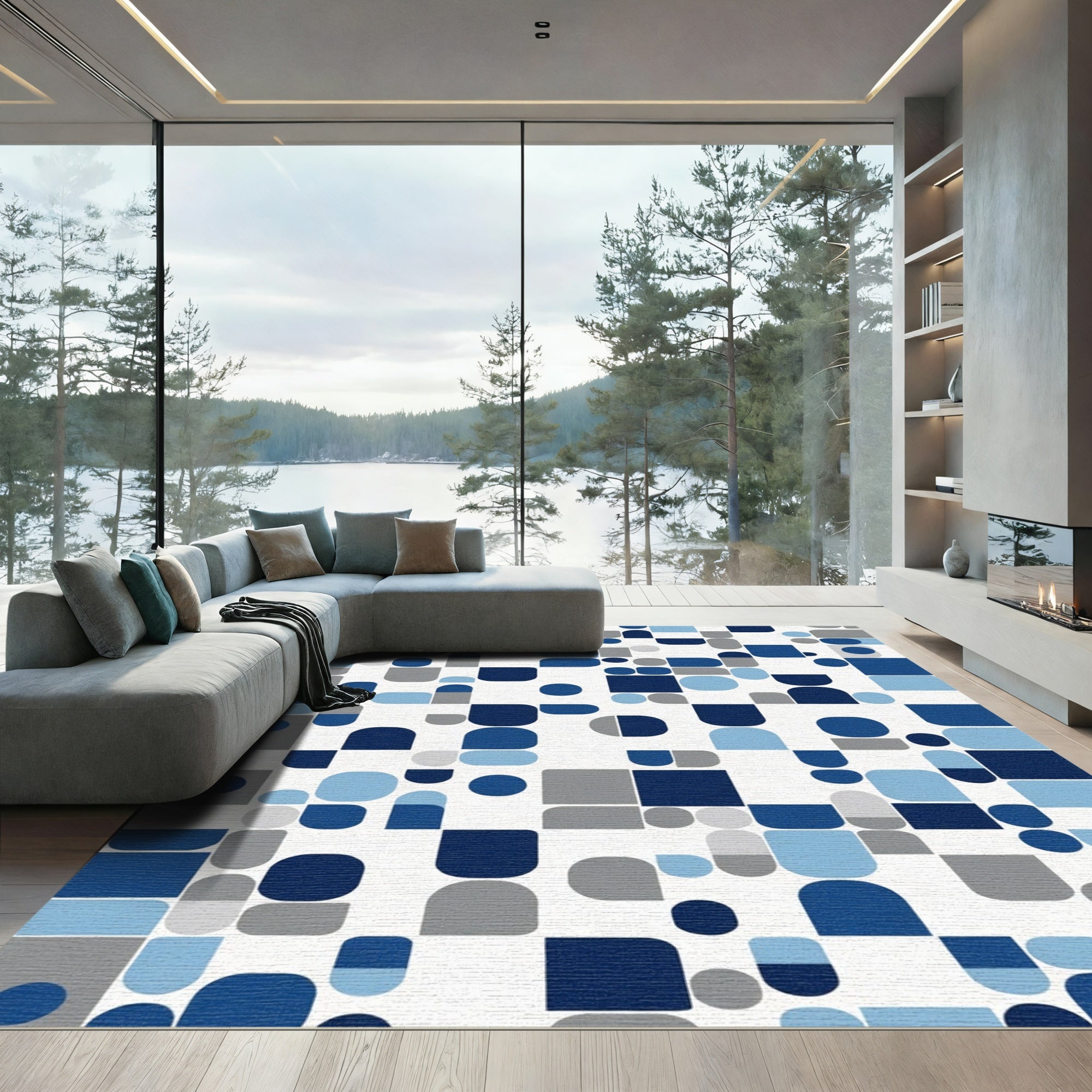 Modern Blue Gray Abstract Geometric Shapes Rug