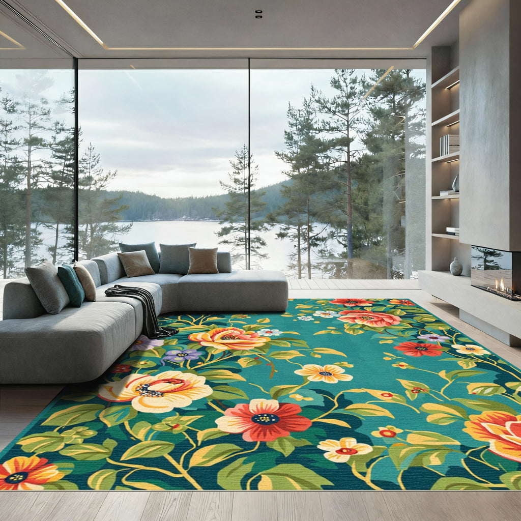 Vintage Teal Floral Garden Bouquet Rug