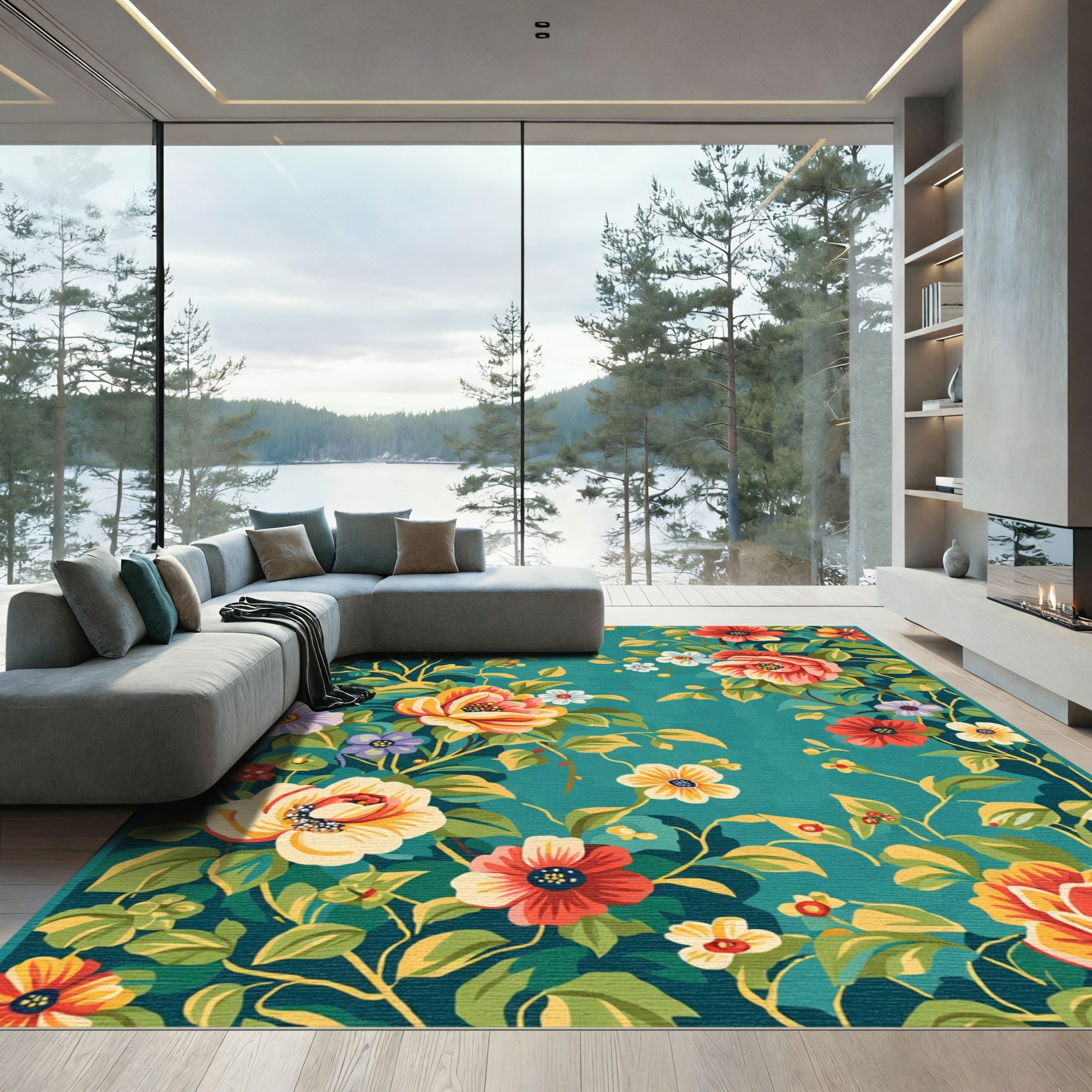 Vintage Teal Floral Garden Bouquet Rug