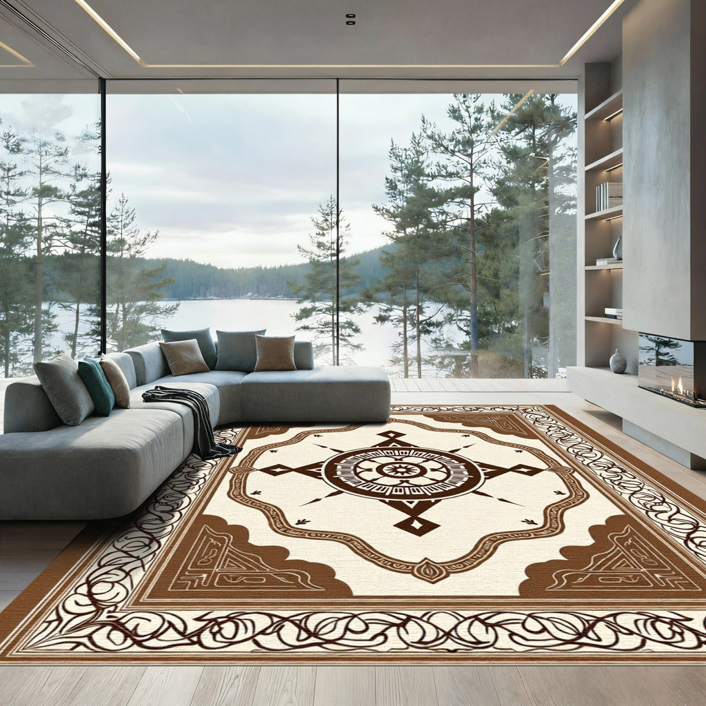 Brown Cream Circular Compass Motif Rug