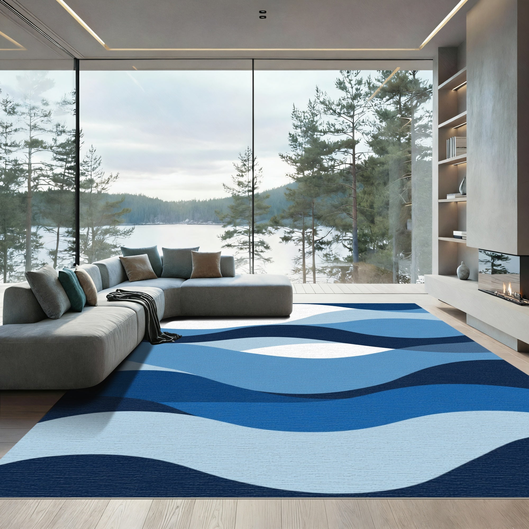 Deep Blue Flowing Waves Rug
