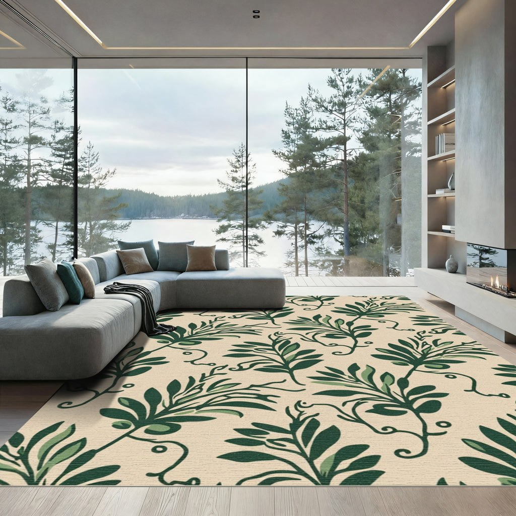 Green Leaf Vine Beige Background Rug