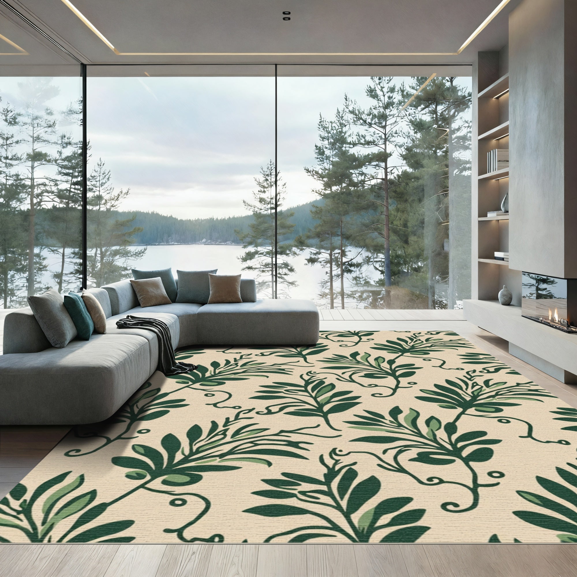 Green Leaf Vine Beige Background Rug