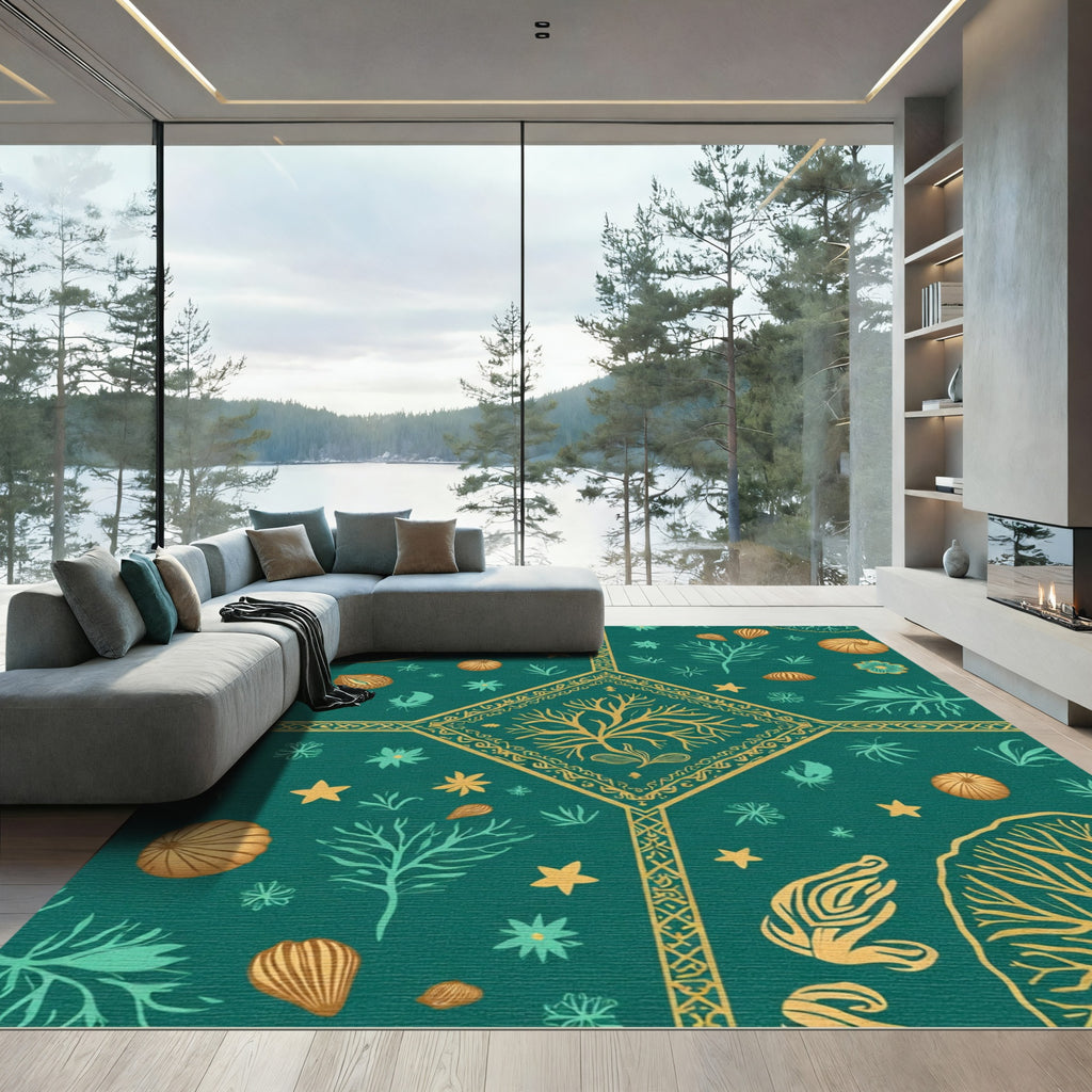 Teal and Gold Nautical Botanical Medallion Rug
