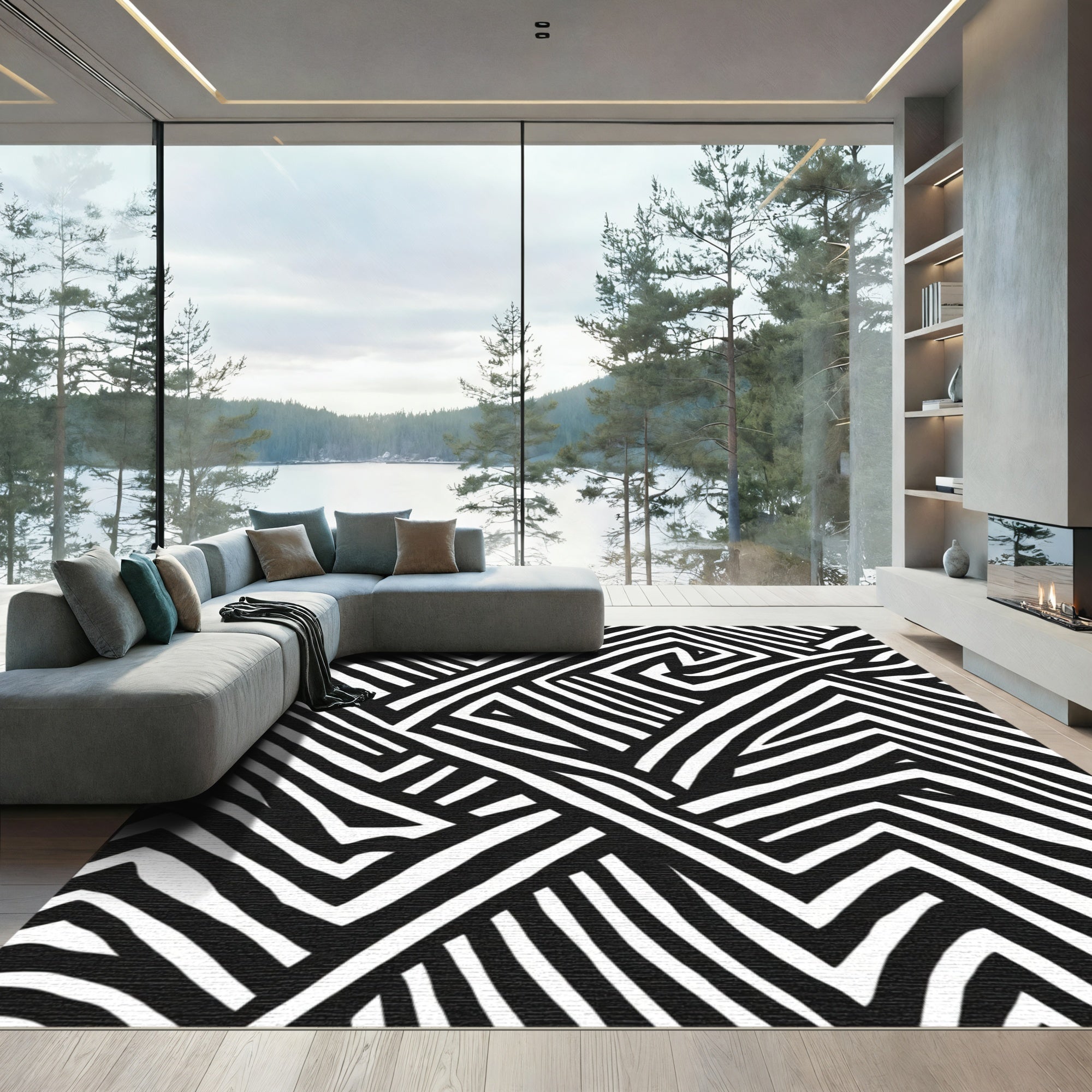 Black White Interlocking Abstract Lines Rug