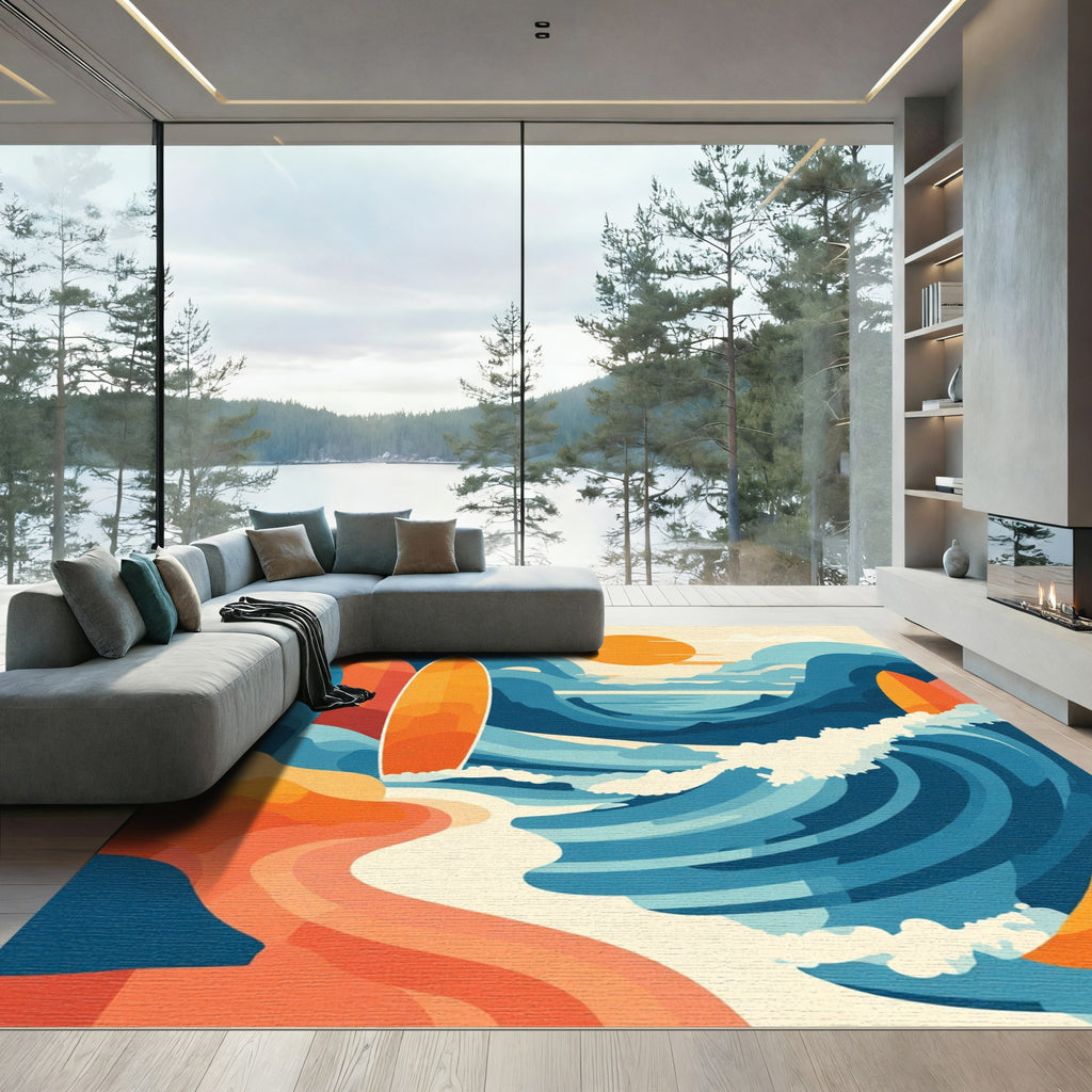 Ocean Wave Surfboard Sunset Landscape Rug