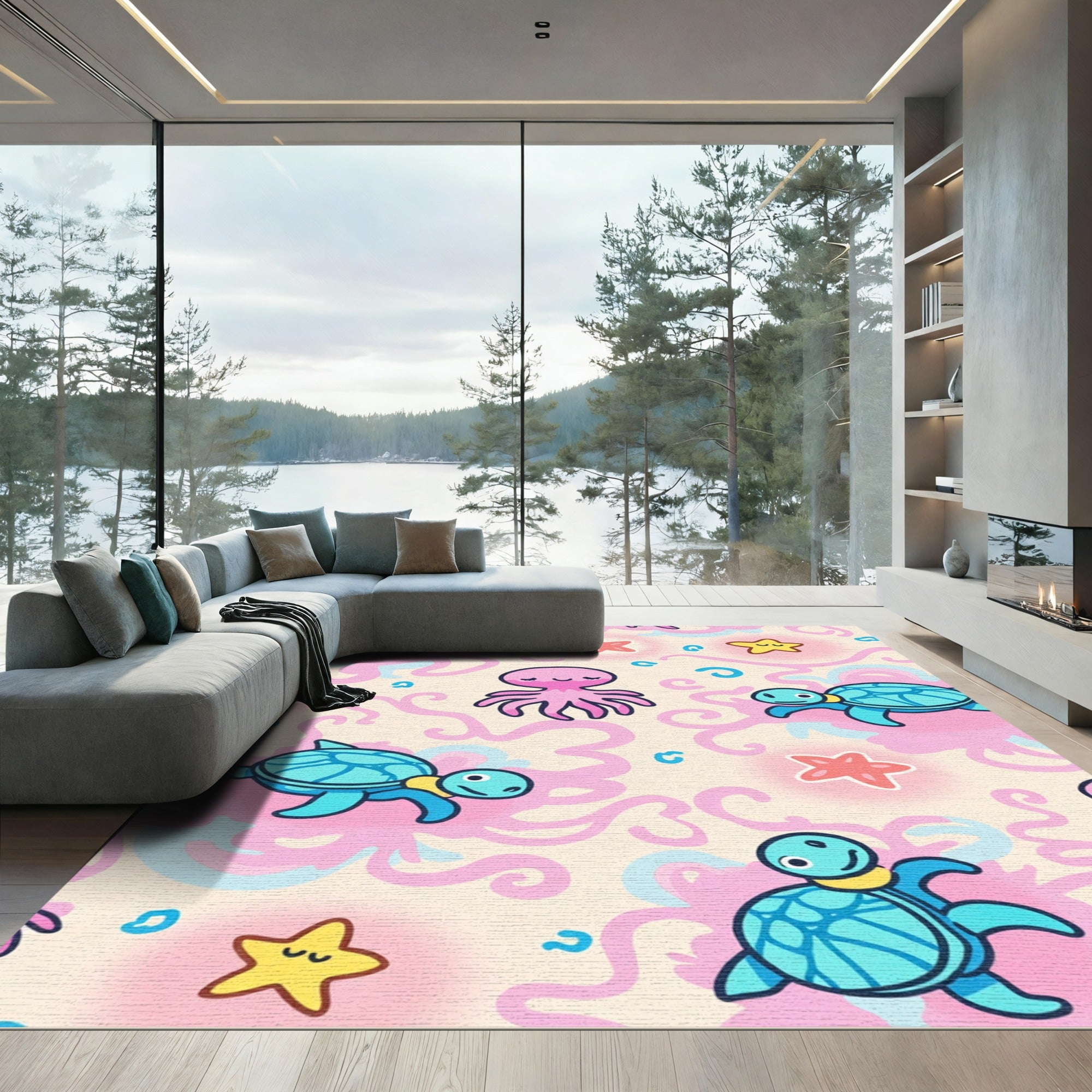 Cute Sea Turtle Octopus Starfish Swirl Rug