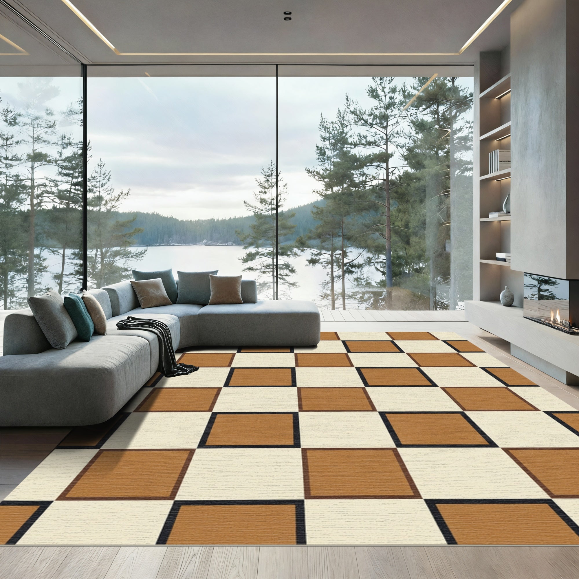 Amber Cream Geometric Checkerboard Rug