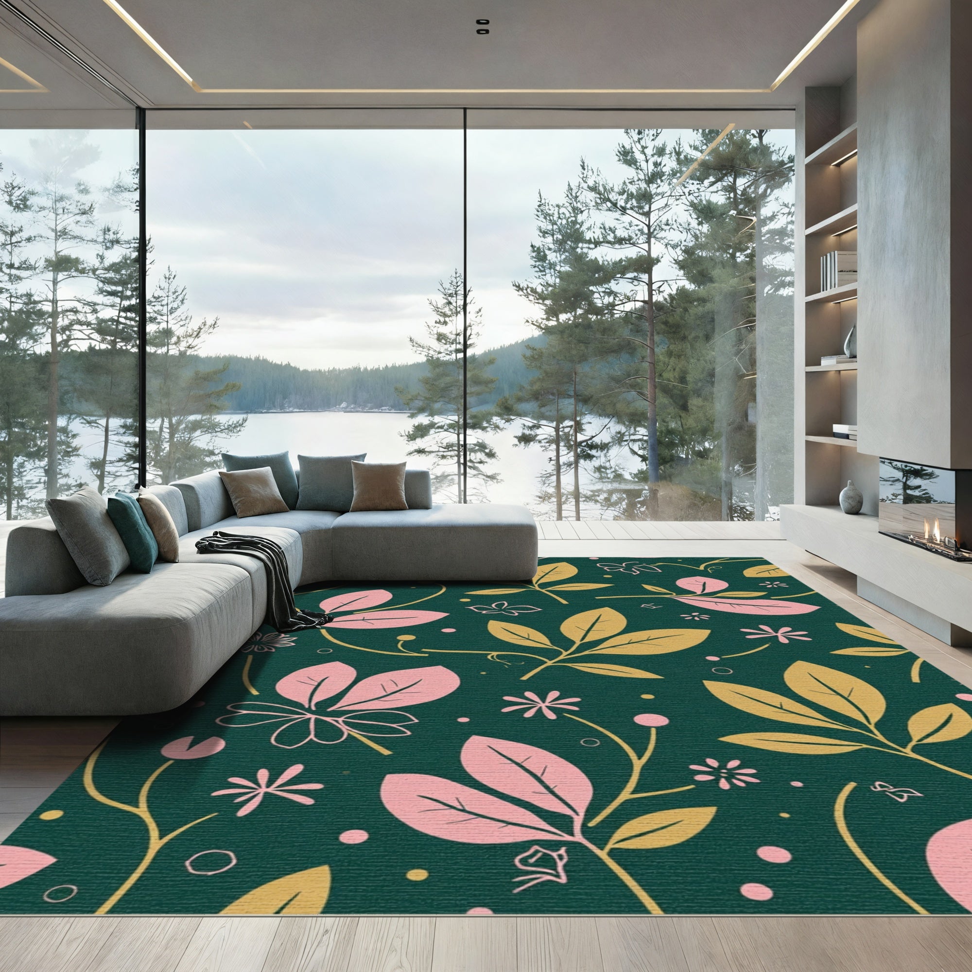 Botanical Leaf Floral Green Gold Rug
