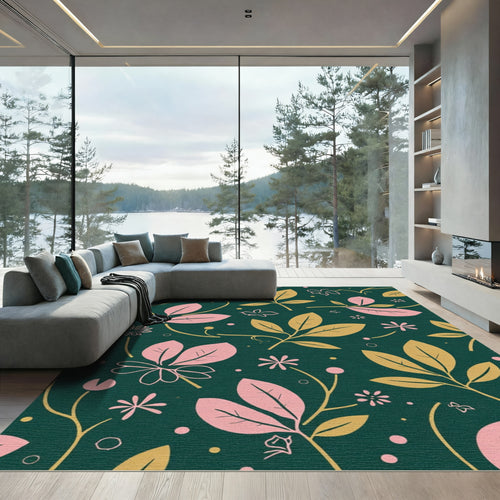 Botanical Leaf Floral Green Gold Rug