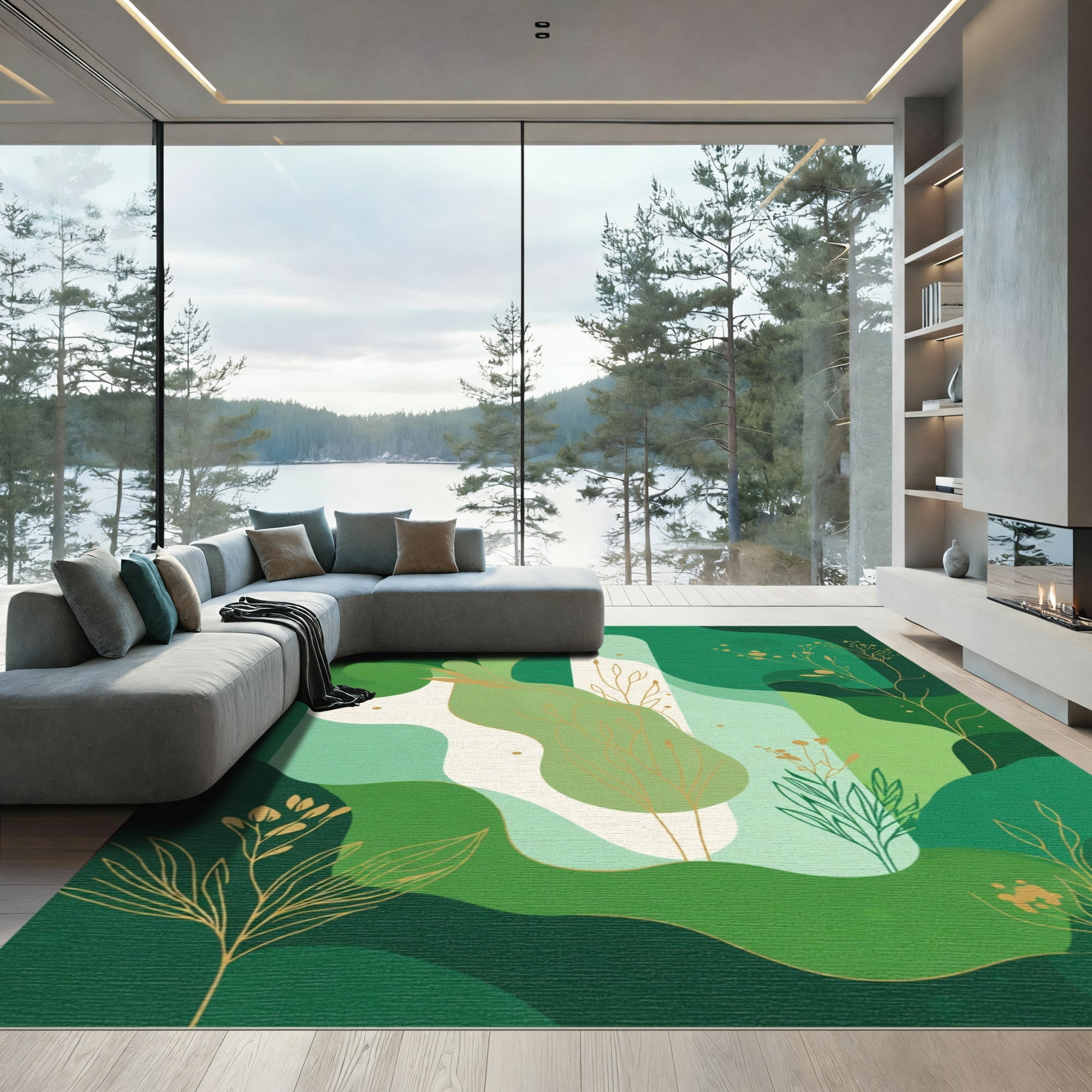 Emerald Green Botanical Abstract Rug