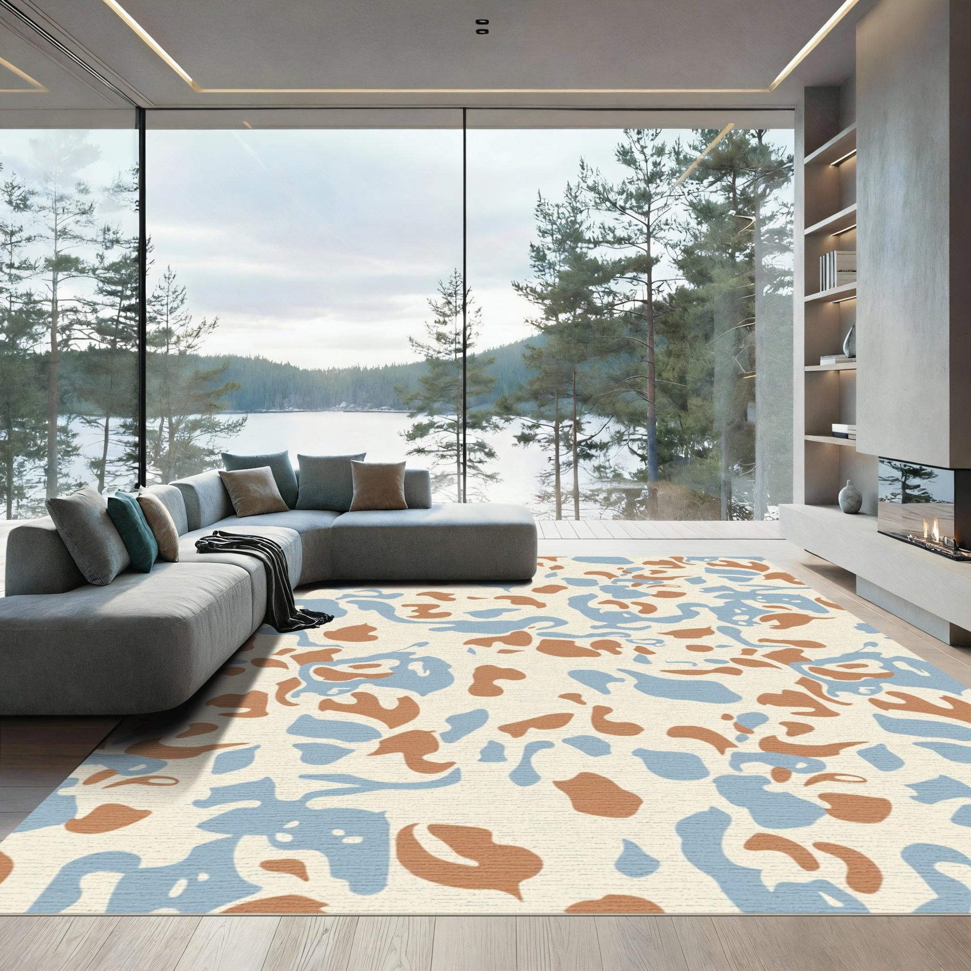 Camouflage Abstract Brown Blue Organic Rug