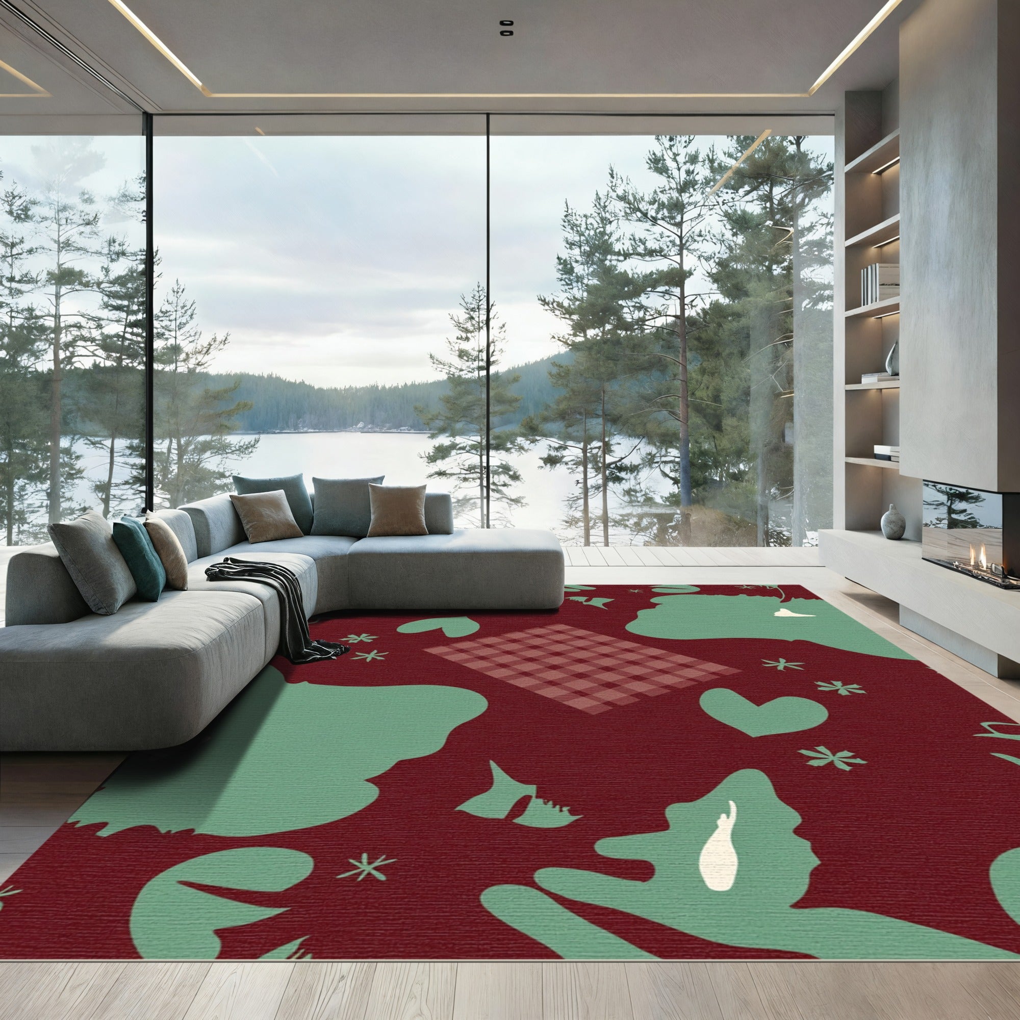 Deep Red Mint Foliage Heart Toss Rug