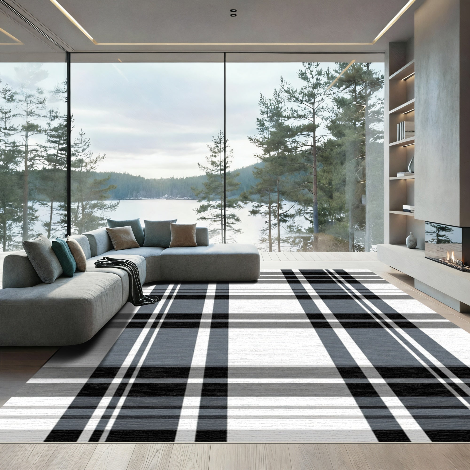 Classic Black Gray Windowpane Plaid Rug