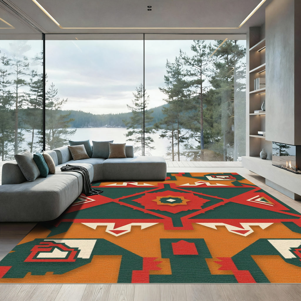 Bold Red Teal Geometric Abstract Rug