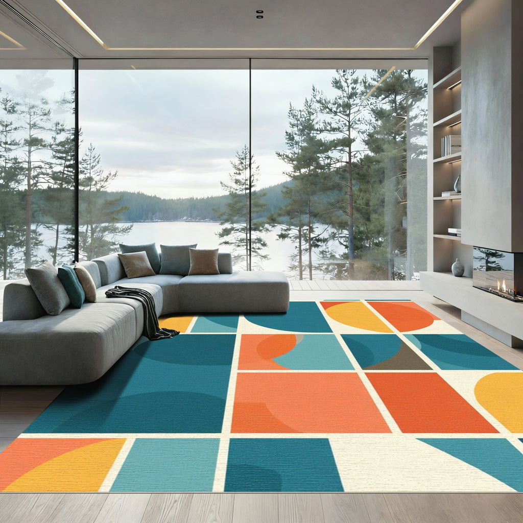 Retro Teal Orange Geometric Abstraction Rug