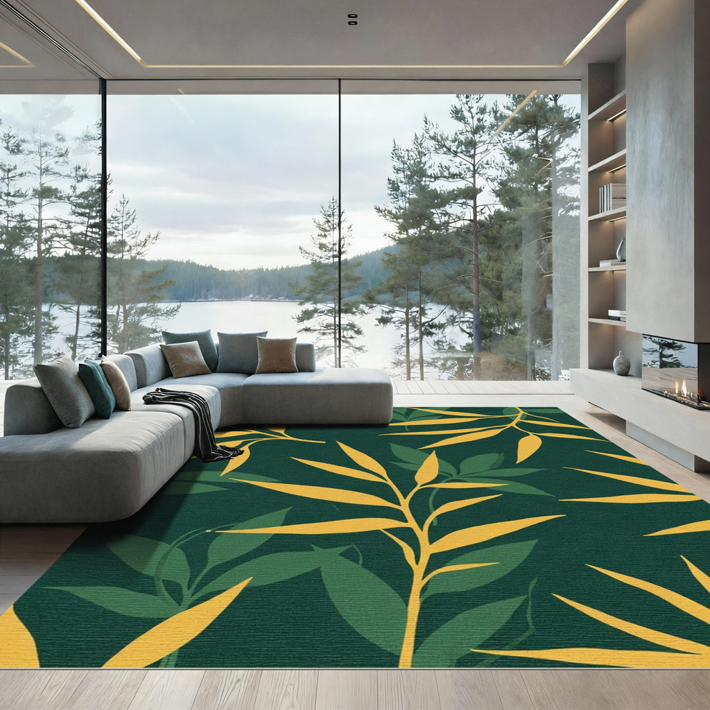 Golden Bamboo Fronds Dark Forest Rug
