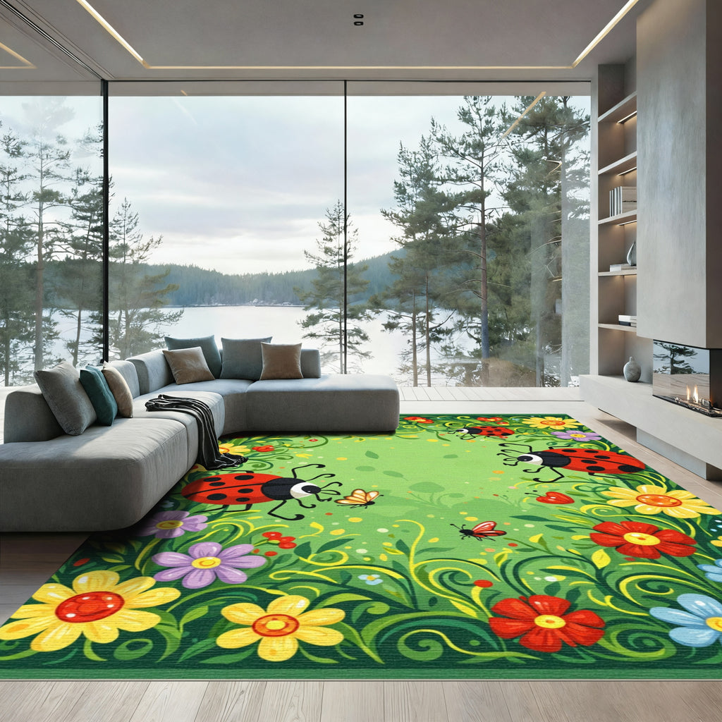 Whimsical Ladybug Flower Garden Rug