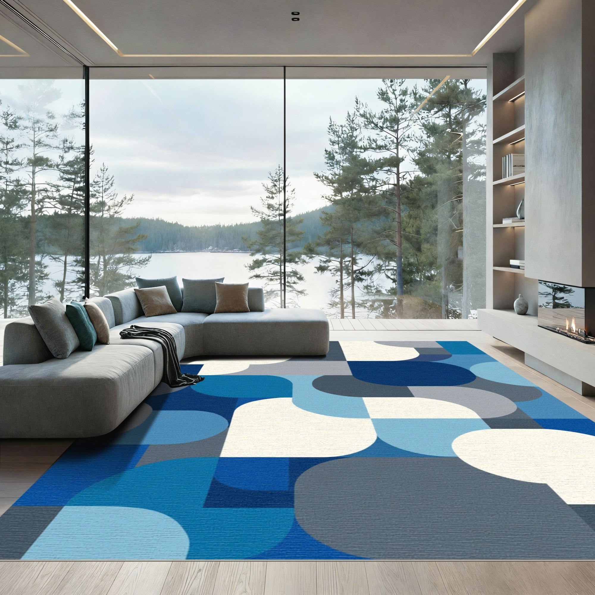 Modern Blue Geometric Rounded Square Rug