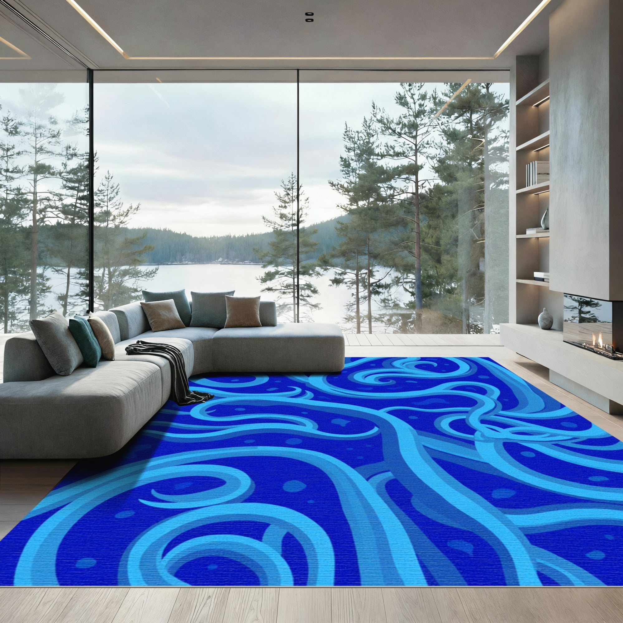 Deep Blue Flowing Swirls Rug