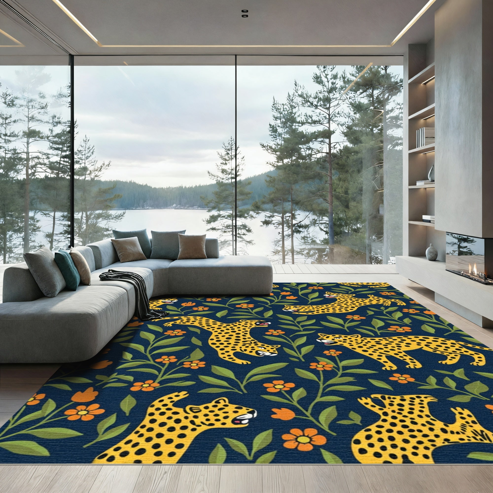 Playful Yellow Leopards Orange Flowers Rug