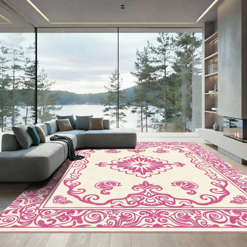 Bright Pink Floral Medallion Border Rug