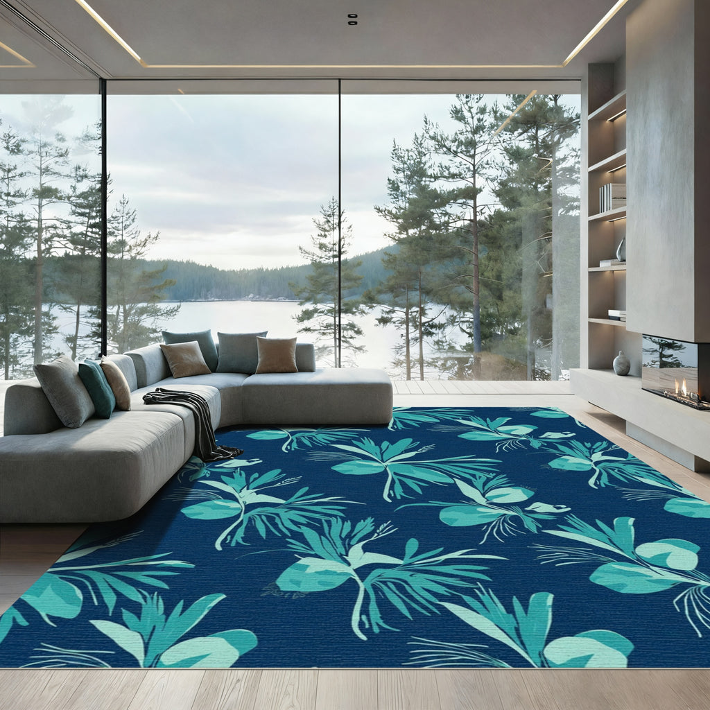 Deep Blue Teal Tropical Foliage Rug