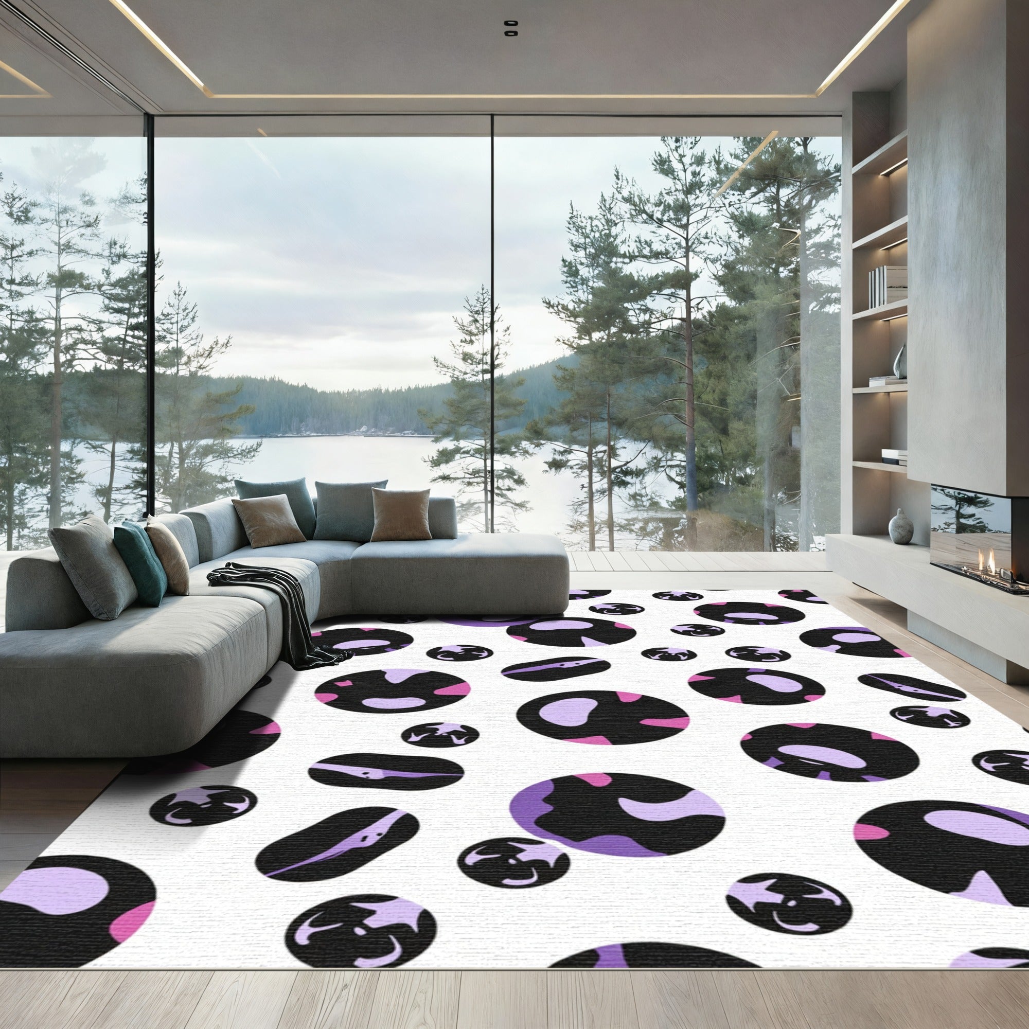 Abstract Purple Black Round Shapes Rug