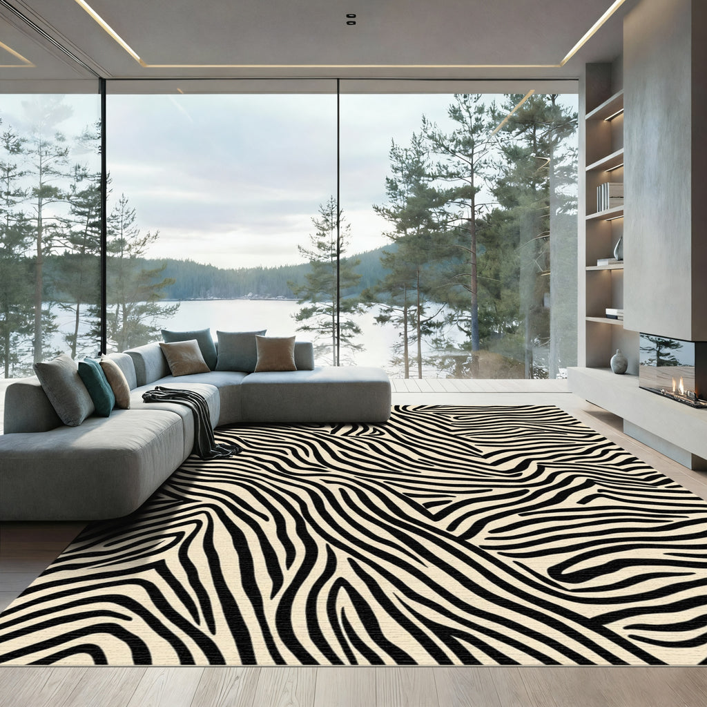 Cream Black Abstract Zebra Stripes Rug