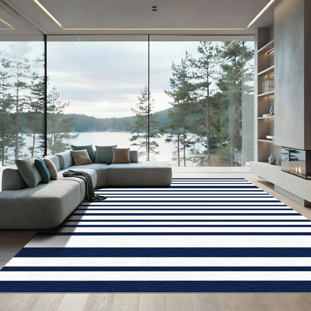 Deep Blue White Horizon Stripes Rug