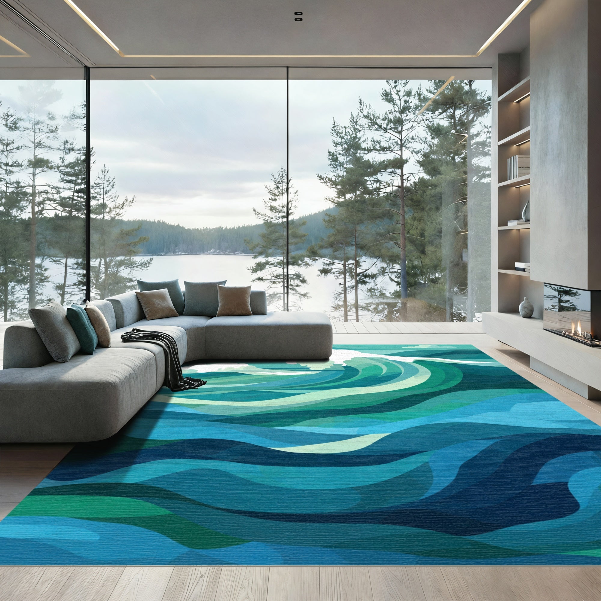 Teal Ocean Wave Abstract Rug