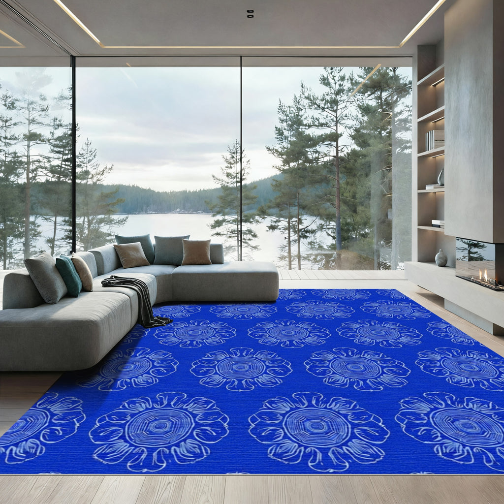 Deep Blue Floral Outline Medallion Rug