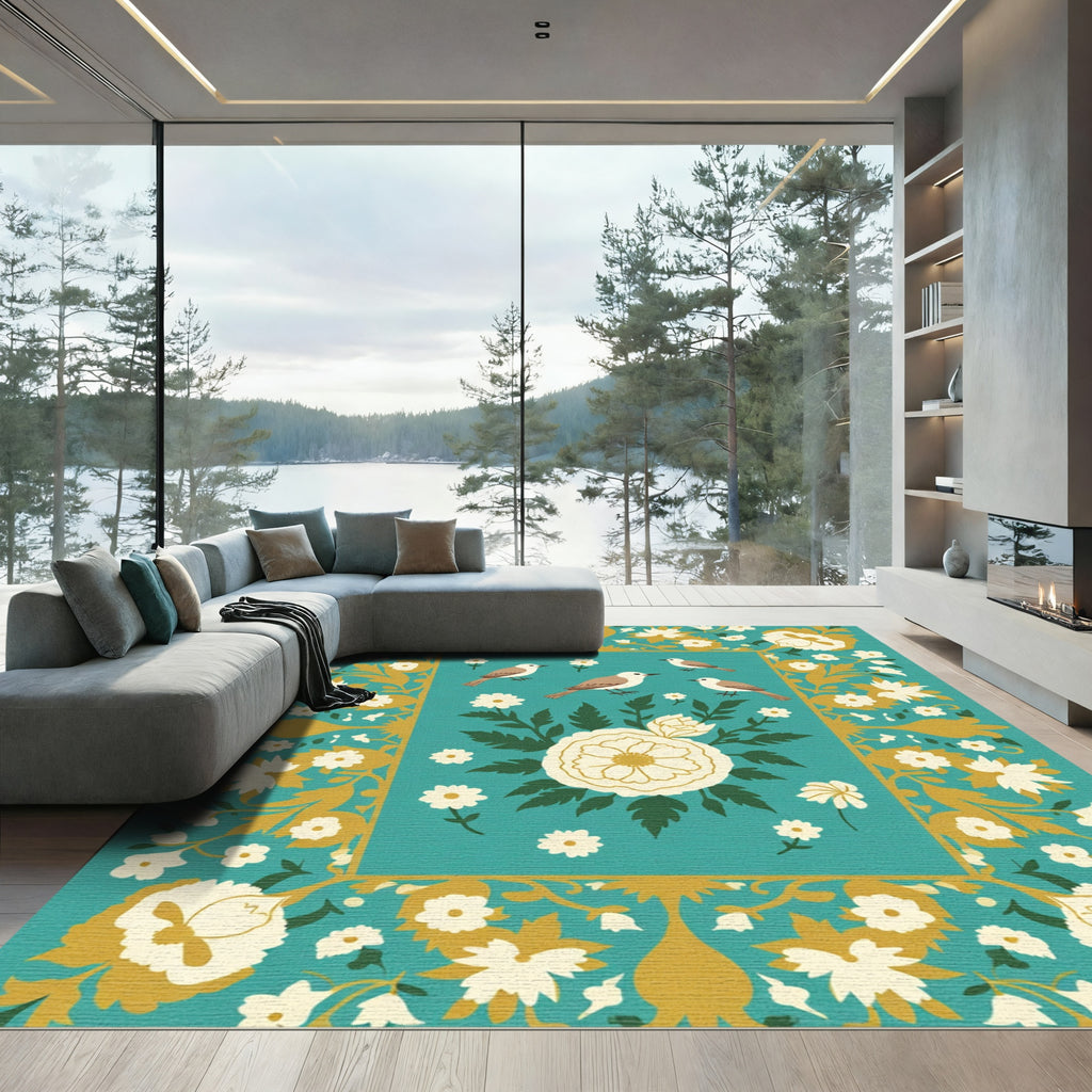 Teal Golden Floral Birds Medallion Rug