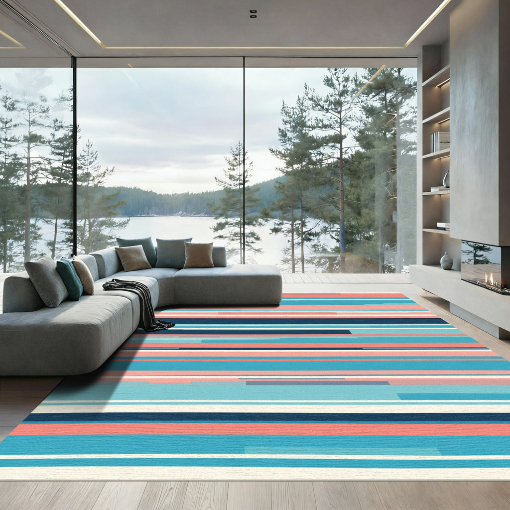 Coral Navy Blue Abstract Stripe Rug