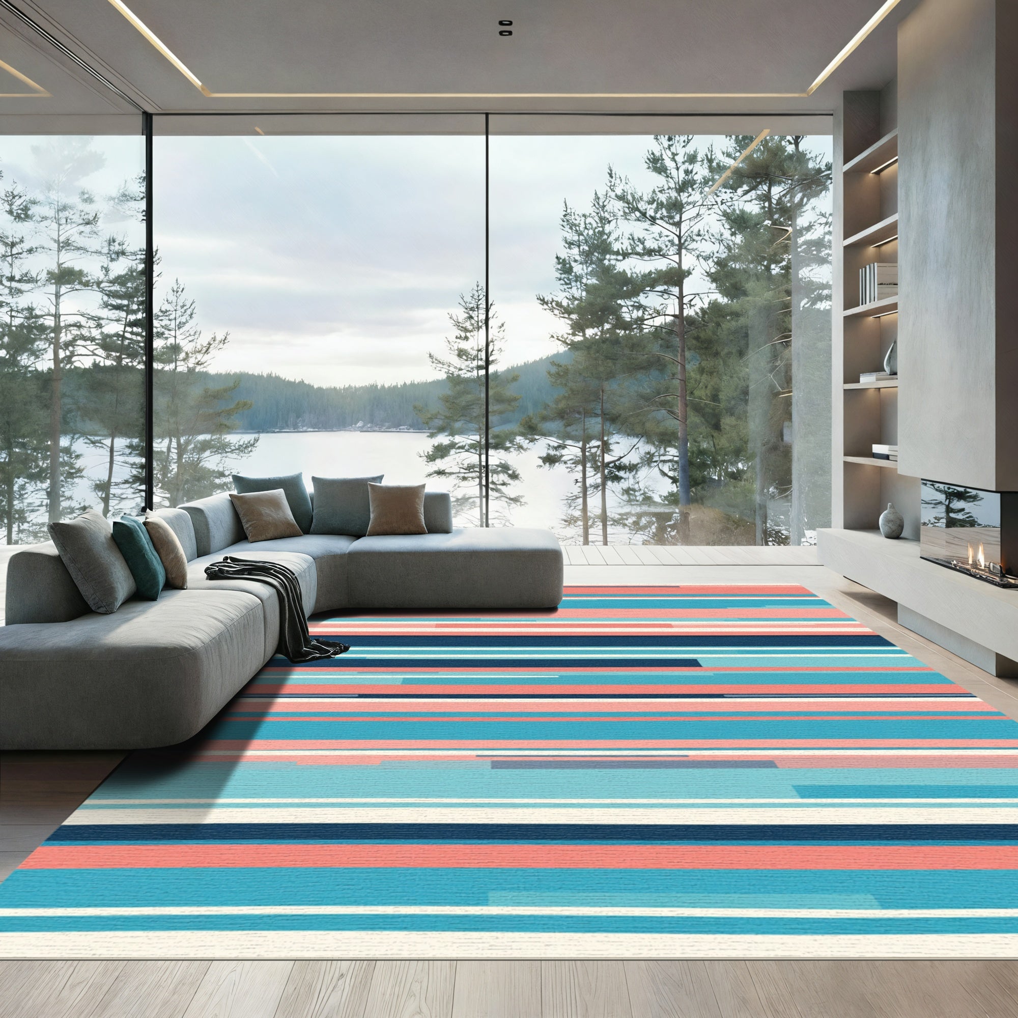 Coral Navy Blue Abstract Stripe Rug
