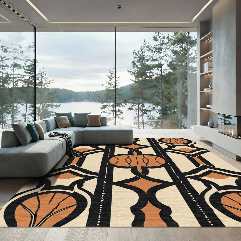 Art Deco Ochre Black Geometric Arch Rug