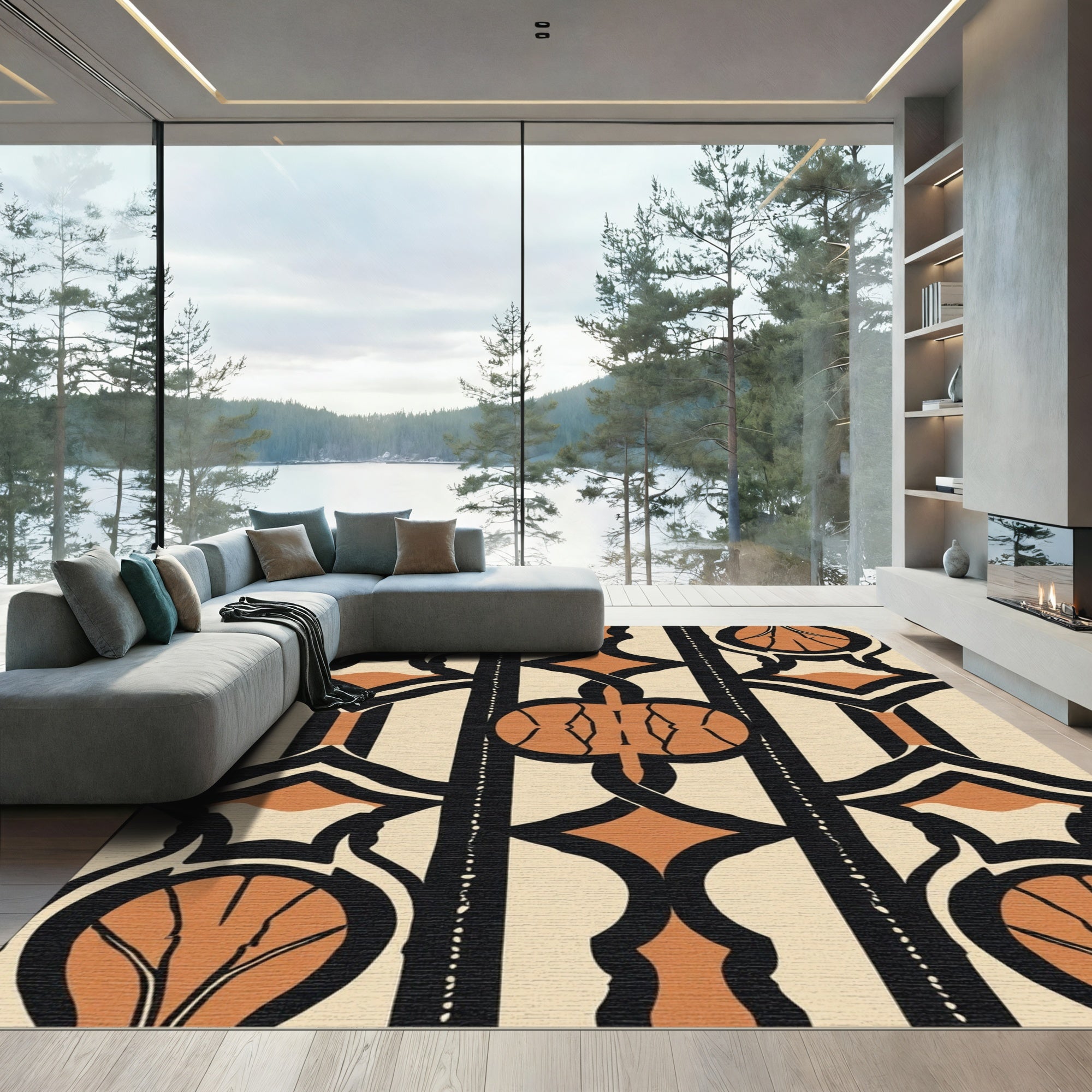 Art Deco Ochre Black Geometric Arch Rug