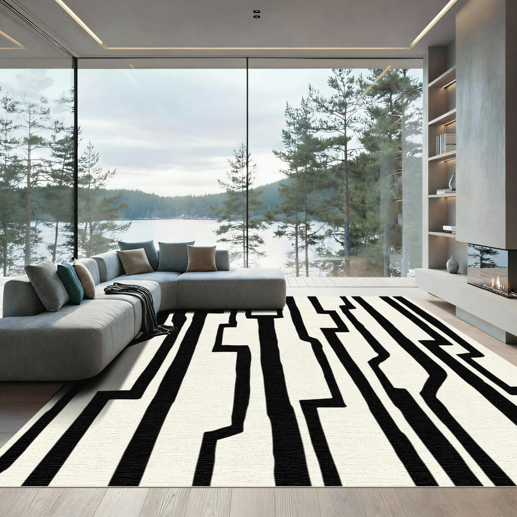 Black White Abstract Geometric Lines Rug