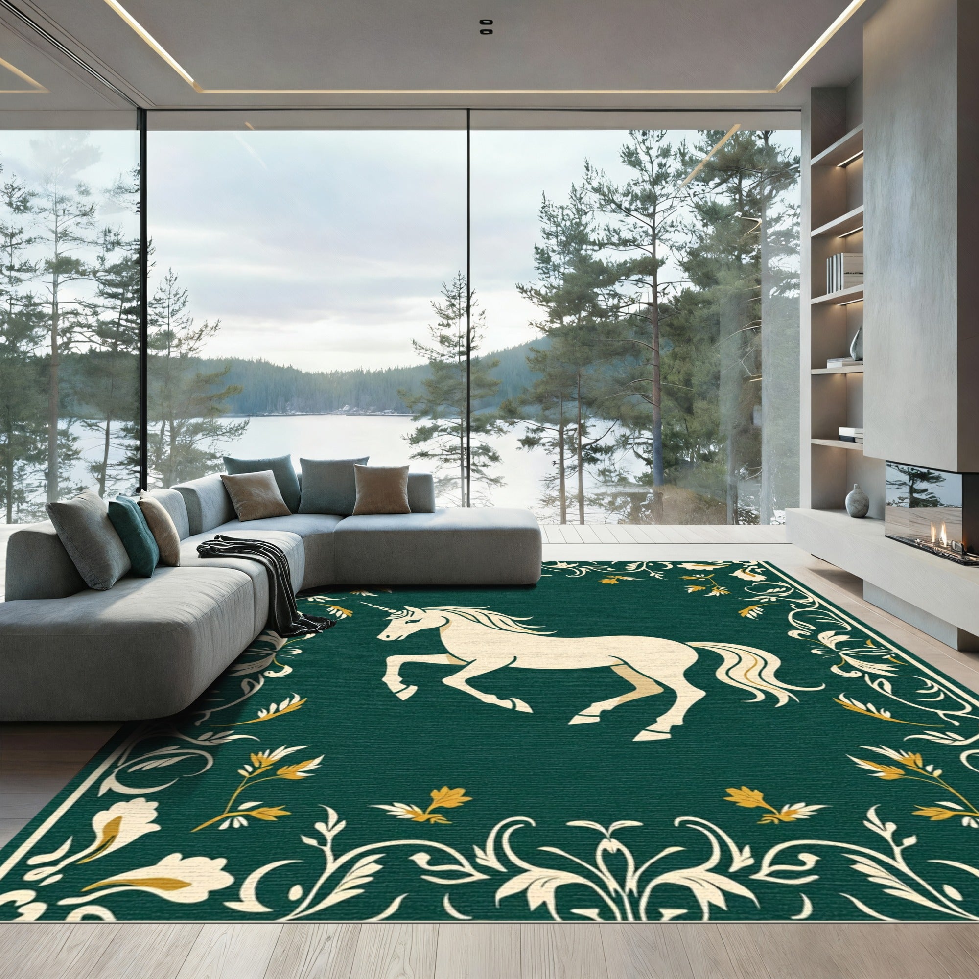 Cream Unicorn Green Floral Border Rug