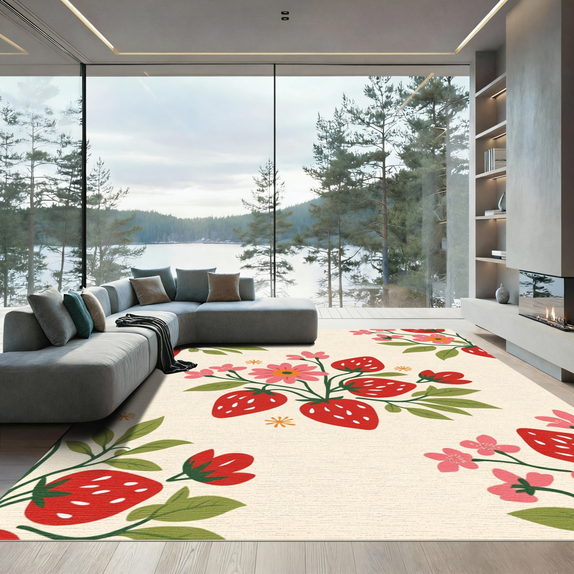 Red Strawberry Floral Bouquet Rug