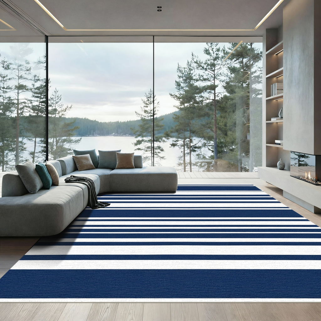 Bold Navy White Horizontal Stripe Rug